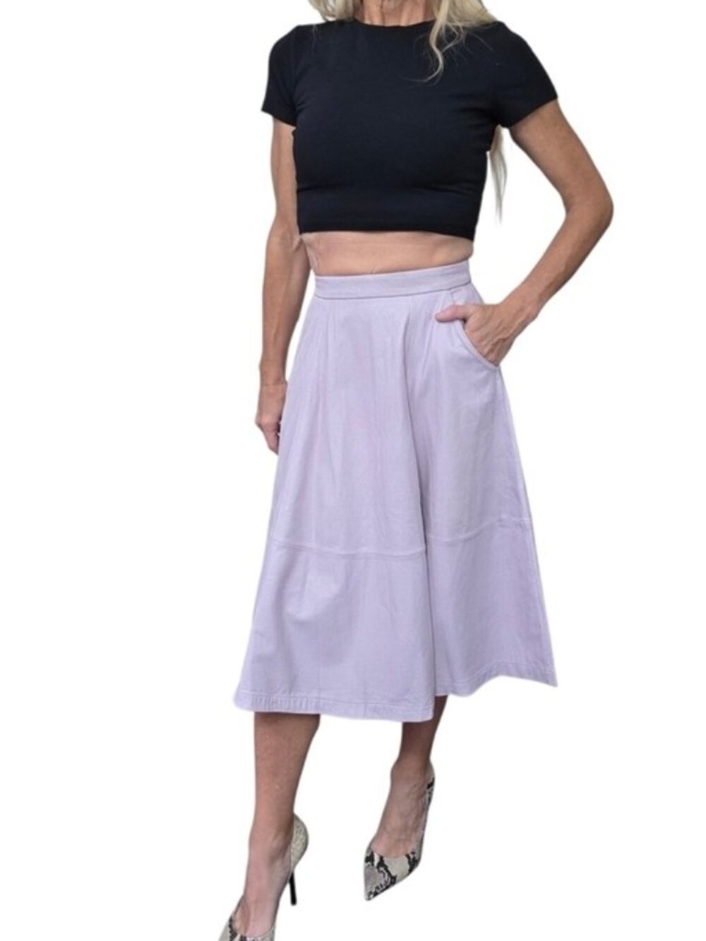 ASOS 100% Real Leather Lavender A Line Midi Skirt High Waist Pockets Size 0